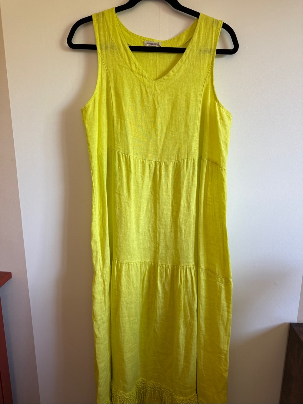 Lungo L’Arno Lime Yellow Linen Blend Midi Dress Crochet Hem Italy S